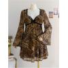 imageMakeMeChic Womens Plus Size Lace Leopard Print Dress Bell Sleeve Bow Front Dress Mini Party DressesMulticolor B