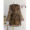 imageMakeMeChic Womens Plus Size Lace Leopard Print Dress Bell Sleeve Bow Front Dress Mini Party DressesMulticolor B