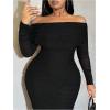 imageMakeMeChic Womens Plus Size Off Shoulder Dress Ruched Long Sleeve Mesh Bodycon Midi DressesBlack