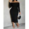 imageMakeMeChic Womens Plus Size Off Shoulder Dress Ruched Long Sleeve Mesh Bodycon Midi DressesBlack