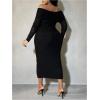 imageMakeMeChic Womens Plus Size Off Shoulder Dress Ruched Long Sleeve Mesh Bodycon Midi DressesBlack