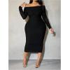 imageMakeMeChic Womens Plus Size Off Shoulder Dress Ruched Long Sleeve Mesh Bodycon Midi DressesBlack