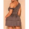imageMakeMeChic Womens Plus Size Summer Dress Asymmetrical Neck Mini Dress Ruffle Tiered Cocktail DressesBrown