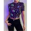 imageMakeMeChic Womens Reflective Mesh Sheer Crop Top Butterfly Short Sleeve Lettuce Trim T ShirtMulticolor a