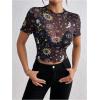 imageMakeMeChic Womens Reflective Mesh Sheer Crop Top Butterfly Short Sleeve Lettuce Trim T ShirtMulticolor a