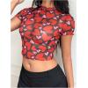 imageMakeMeChic Womens Reflective Mesh Sheer Crop Top Butterfly Short Sleeve Lettuce Trim T ShirtRed