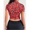 imageMakeMeChic Womens Reflective Mesh Sheer Crop Top Butterfly Short Sleeve Lettuce Trim T ShirtRed
