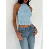 imageMakeMeChic Womens Ruffle Layered Halter Top Sleeveless Tie Back Y2K Crop TopsBlue