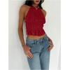 imageMakeMeChic Womens Ruffle Layered Halter Top Sleeveless Tie Back Y2K Crop TopsRed