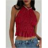 imageMakeMeChic Womens Ruffle Layered Halter Top Sleeveless Tie Back Y2K Crop TopsRed
