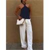 imageMakeMeChic Womens Summer Halter Tops Criss Cross Casual Sleeveless Tie Backless Textured ShirtBlue