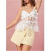 imageMakeMeChic Womens V Neck Mesh Cami Top Bow Tie Front Spaghetti Strap Frill Trim Ruffle Hem Camisole TopsWhite