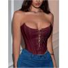 imageMakeMeChic Womens Y2K Corset Tops Renaissance Bustier Lace Up Floral Embroidery Strapless Grommet Tube Crop TopBurgundy