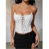 imageMakeMeChic Womens Y2K Corset Tops Renaissance Bustier Lace Up Floral Embroidery Strapless Grommet Tube Crop TopWhite
