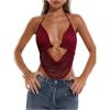 imageMakeMeChic Womens Crochet Halter Top Tie Open Back Metal Ring Draped Front Y2k Rave Festival TopsBurgundy