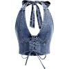 imageMakeMeChic Womens Denim Top Lace Up Sleeveless Halter V Neck Backless Y2K Denim Crop Top VestDark Wash a