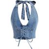 imageMakeMeChic Womens Denim Top Lace Up Sleeveless Halter V Neck Backless Y2K Denim Crop Top VestLight Wash
