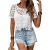 imageMakeMeChic Womens Floral Guipure Lace Sheer See Through Short Sleeve Round Neck Crop Top Tee ShirtsWhite Asymmetrical