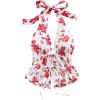 imageMakeMeChic Womens Floral Print Halter Top Shirred Lettuce Trim Knot Front Summer ShirtRed and White