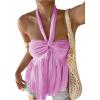imageMakeMeChic Womens Halter Tops Ruched Backless Ruffle Hem Shirred Going Out Tank TopHot Pink