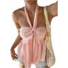imageMakeMeChic Womens Halter Tops Ruched Backless Ruffle Hem Shirred Going Out Tank TopPink
