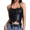 imageMakeMeChic Womens Lace Up Fringe PU Leather Corset Top Tie Back Cropped Halter Cami Festival Rave TopBlack