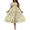 imageMakeMeChic Womens Plus Size Floral Print Short Sleeve Maxi Dress Square Neck Shirred High Waist Summer A Line DressYellow