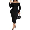imageMakeMeChic Womens Plus Size Off Shoulder Dress Ruched Long Sleeve Mesh Bodycon Midi DressesBlack