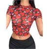 imageMakeMeChic Womens Reflective Mesh Sheer Crop Top Butterfly Short Sleeve Lettuce Trim T ShirtRed