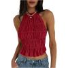 imageMakeMeChic Womens Ruffle Layered Halter Top Sleeveless Tie Back Y2K Crop TopsRed