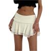 imageMakeMeChic Womens Tiered Layer Ruched Mesh Sheer Flared Ruffle Hem Summer Y2K Mini SkirtsBeige