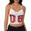 imageMakeMeChic Womens Y2k Jersey Shirts Letter Print Top Halter Top Draped Tie Backless Lace Up Tank Crop TopsWhite
