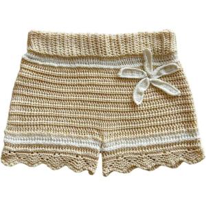 imageMakeMeChic Womens 3D Flower Crochet Micro Mini Shorts Colorblock Scallop Knit Summer ShortsBeige