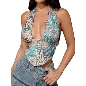imageMakeMeChic Womens Cheetah Print Top Halter Corset Top Sexy Deep V Neck Going Out TopsGreen