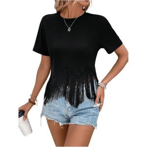 imageMakeMeChic Womens Crew Neck Short Sleeve T Shirt Top Fringe Tassel Summer Casual Tee TopsBlack