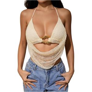 imageMakeMeChic Womens Crochet Halter Top Tie Open Back Metal Ring Draped Front Y2k Rave Festival TopsBeige