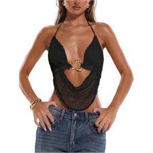 imageMakeMeChic Womens Crochet Halter Top Tie Open Back Metal Ring Draped Front Y2k Rave Festival TopsBlack