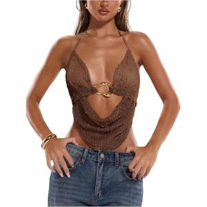 imageMakeMeChic Womens Crochet Halter Top Tie Open Back Metal Ring Draped Front Y2k Rave Festival TopsBrown