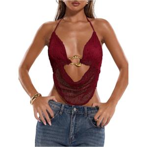 imageMakeMeChic Womens Crochet Halter Top Tie Open Back Metal Ring Draped Front Y2k Rave Festival TopsBurgundy