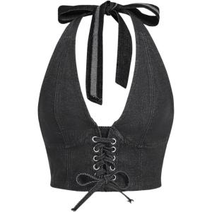 imageMakeMeChic Womens Denim Top Lace Up Sleeveless Halter V Neck Backless Y2K Denim Crop Top VestBlack a