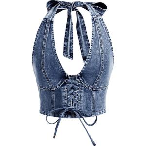 imageMakeMeChic Womens Denim Top Lace Up Sleeveless Halter V Neck Backless Y2K Denim Crop Top VestDark Wash a