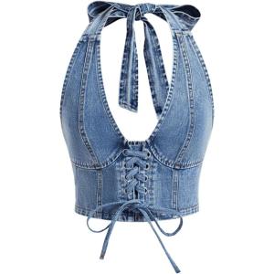 imageMakeMeChic Womens Denim Top Lace Up Sleeveless Halter V Neck Backless Y2K Denim Crop Top VestLight Wash