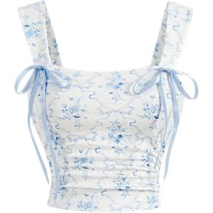 imageMakeMeChic Womens Floral Bow Wide Strap Cami Top Ruched Sleeveless Tank Crop TopsBlue and White