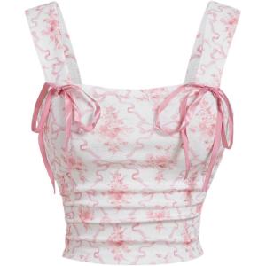 imageMakeMeChic Womens Floral Bow Wide Strap Cami Top Ruched Sleeveless Tank Crop TopsPink