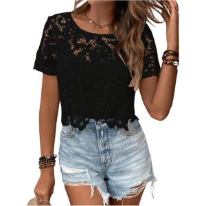 imageMakeMeChic Womens Floral Guipure Lace Sheer See Through Short Sleeve Round Neck Crop Top Tee ShirtsBlack