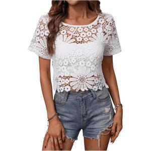 imageMakeMeChic Womens Floral Guipure Lace Sheer See Through Short Sleeve Round Neck Crop Top Tee ShirtsWhite