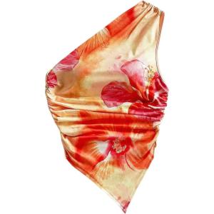 imageMakeMeChic Womens Floral One Shoulder Tank Top Ruched Asymmetrical Sleeveless Y2k TopsOrange