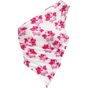 imageMakeMeChic Womens Floral One Shoulder Tank Top Ruched Asymmetrical Sleeveless Y2k TopsPink and White