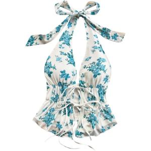imageMakeMeChic Womens Floral Print Halter Top Shirred Lettuce Trim Knot Front Summer ShirtGreen