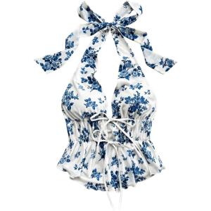 imageMakeMeChic Womens Floral Print Halter Top Shirred Lettuce Trim Knot Front Summer ShirtMulticolor